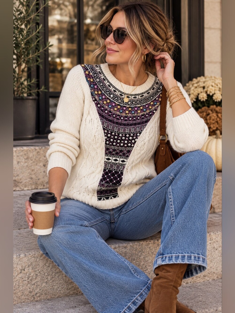 Anthropologie Angel of the North cable knit boho detailed sweater sz Large